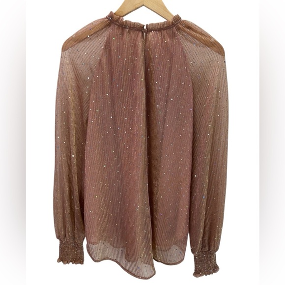 NWT Umgee Mauve Shimmer Pleated Sheer Blouse Long Sleeve Ruffle Mock Neck - Picture 3 of 11